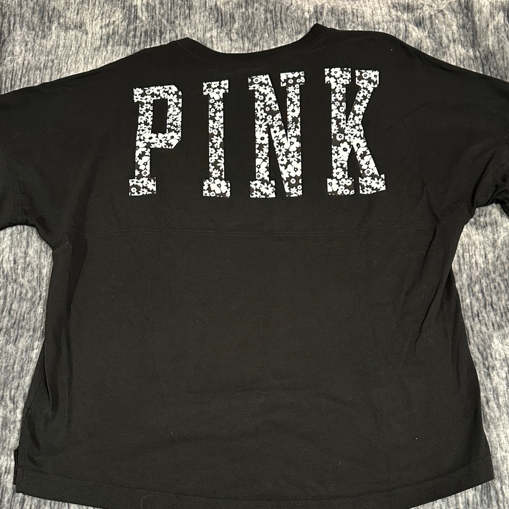 PINK Victoria's Secret Black Short Sleeve Tee with White Floral Design - Picture 3 of 12